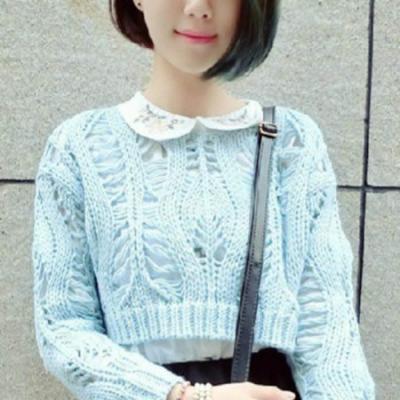 韩版麻花透气镂空短款长袖毛衣粗棒针织衫 学生套头