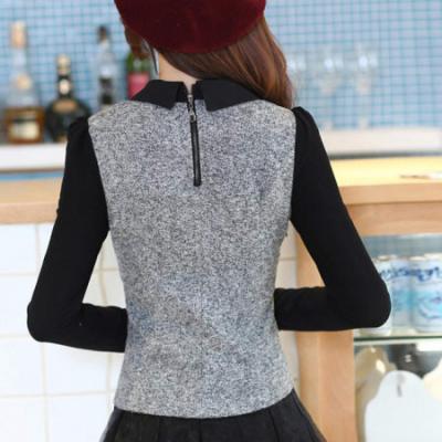 新款韩版修身假两件套修身长袖欧根纱女连衣裙送原版项链