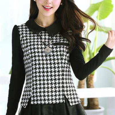 新款韩版修身假两件套修身长袖欧根纱女连衣裙送原版项链